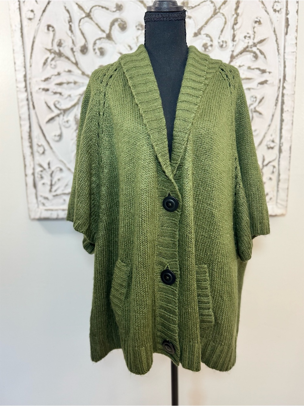 Morgan City 2X Olive Green Oversized Shawl Collar Cardigan Poncho Sweater Button